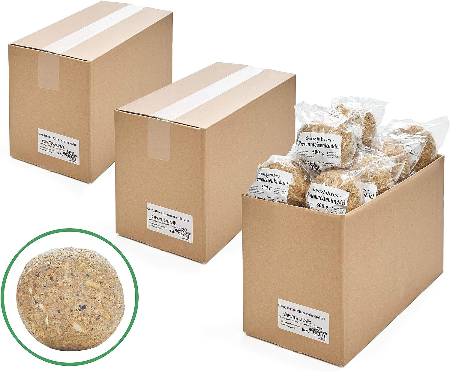 Ganzjahres Riesenmeisenknödel ohne Netz in Folie 3 x 16 Stück (= 3 x 8 kg)