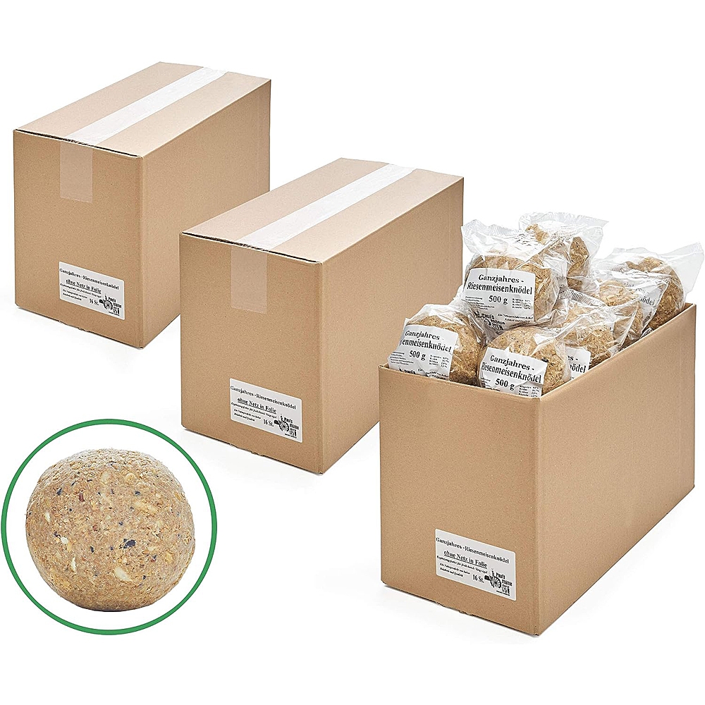 Ganzjahres Riesenmeisenknödel ohne Netz in Folie 3 x 16 Stück (= 3 x 8 kg)
