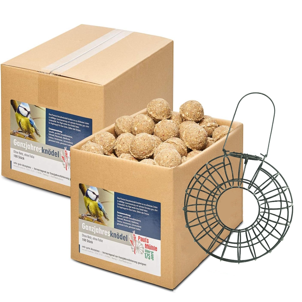 Paul's Mühle Ganzjahresknödel ohne Netz 2 x 100 Stück + 1 x Meisenknödel Rondell